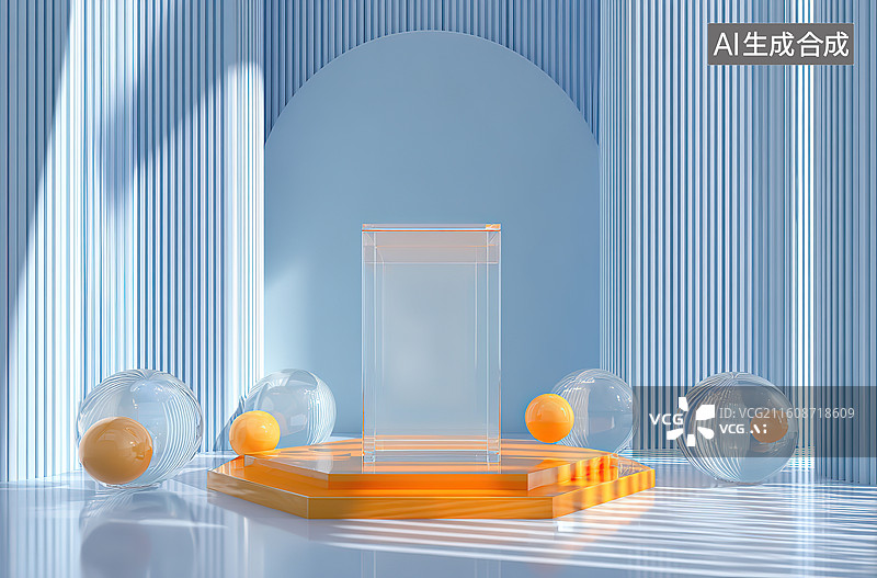 【AI数字艺术】几何造型与透明球体的现代场景图片素材