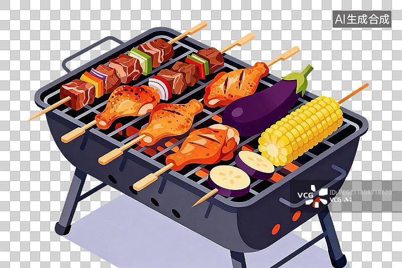 【AI数字艺术】卡通风格，烧烤架上各类烤串PNG格式的免扣元素图片素材