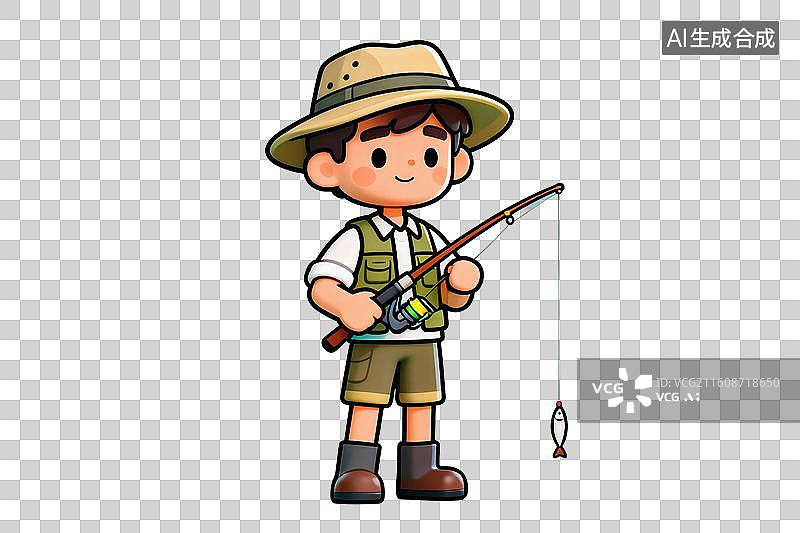 【AI数字艺术】卡通风格，带着渔夫帽，手拿鱼竿的男人PNG格式的免扣元素图片素材