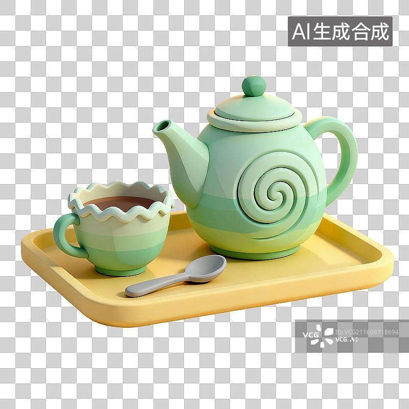 【AI数字艺术】3D渲染，卡通粘土风格，茶具，茶壶茶杯，春茶，茶叶，茶文化，茶道免抠元素图片素材