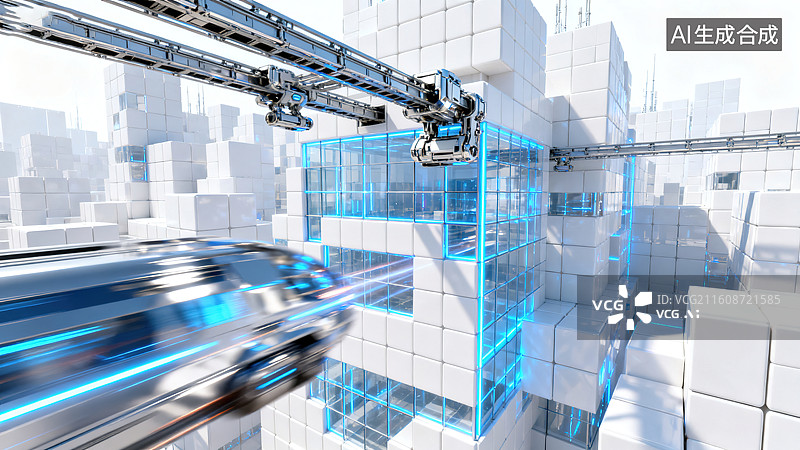 【AI数字艺术】《未来白色方块城市悬浮轨道科技列车场景》图片素材