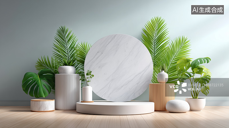 【AI数字艺术】白色圆形展台与绿植装饰图片素材