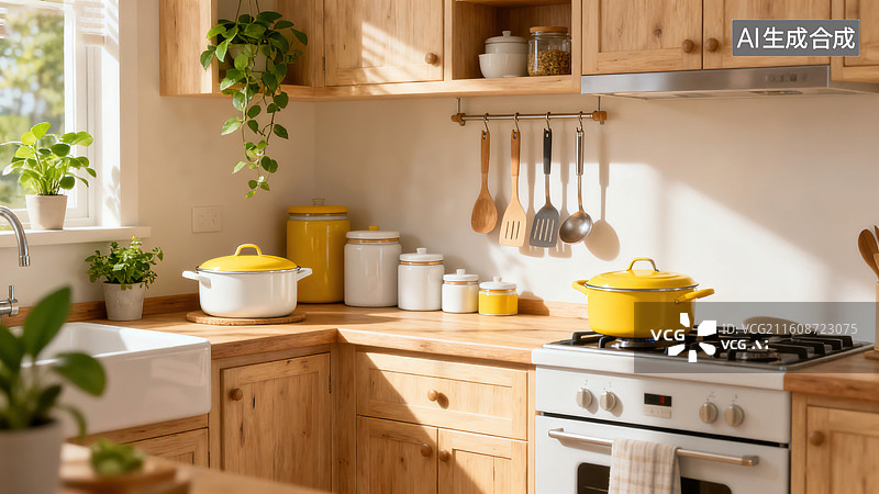 【AI数字艺术】《木质橱柜黄色珐琅锅悬挂厨具玻璃罐厨房场景》图片素材