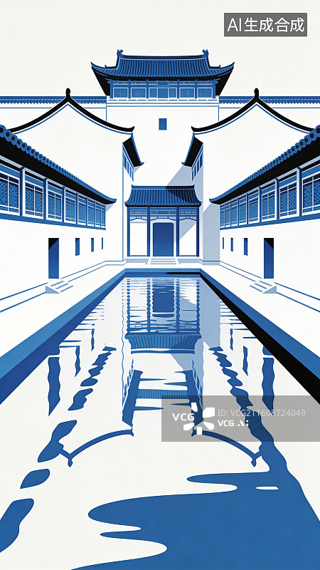 【AI数字艺术】国风蓝白庭院水影展示背景素材图片素材