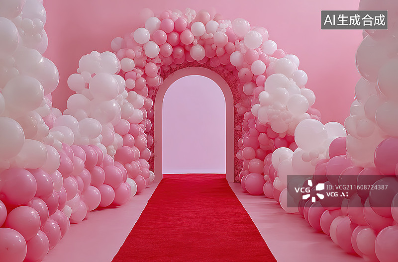 【AI数字艺术】粉色气球拱门红毯通道图片素材