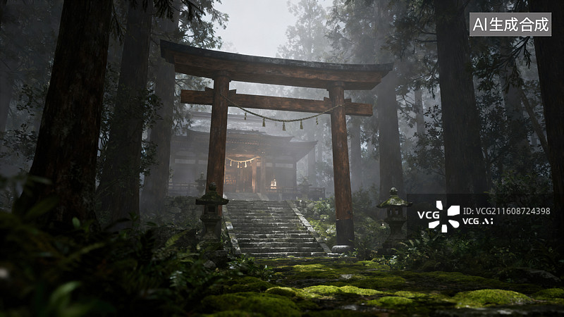 【AI数字艺术】《雾气森林日式鸟居神社石阶场景》图片素材