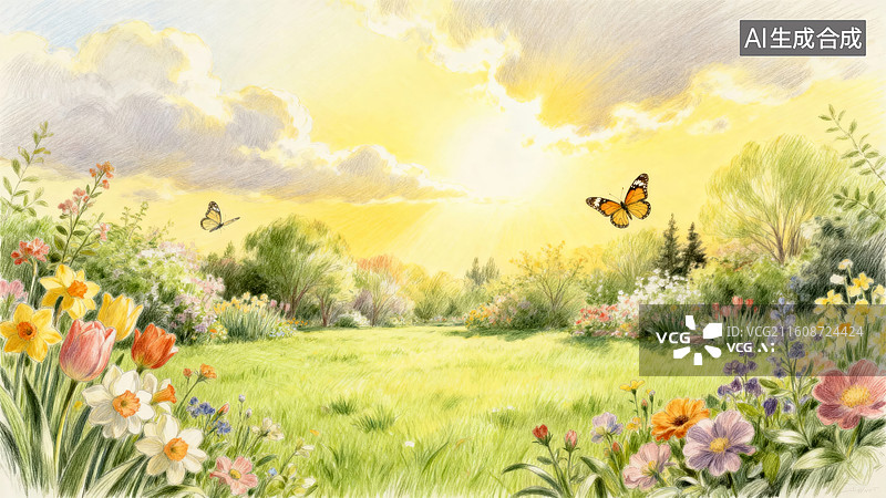 【AI数字艺术】阳光下的花丛与蝴蝶图片素材