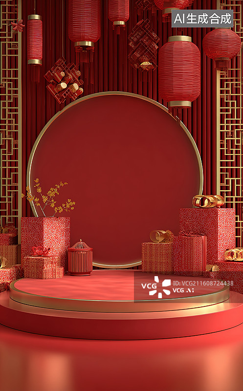 【AI数字艺术】红色中式节日舞台场景图片素材
