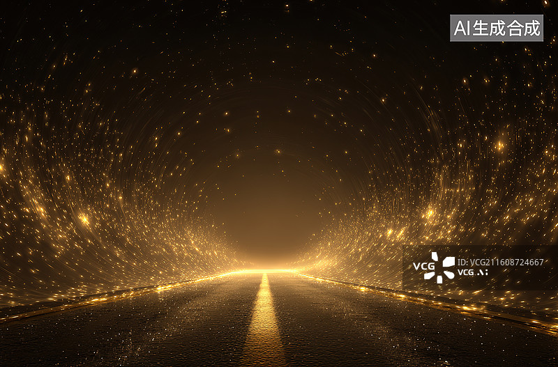 【AI数字艺术】星光隧道中的金色道路图片素材