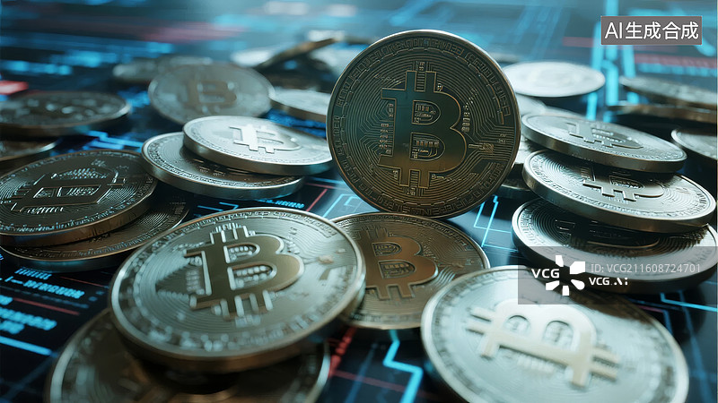 【AI数字艺术】比特币硬币堆叠在科技背景上图片素材