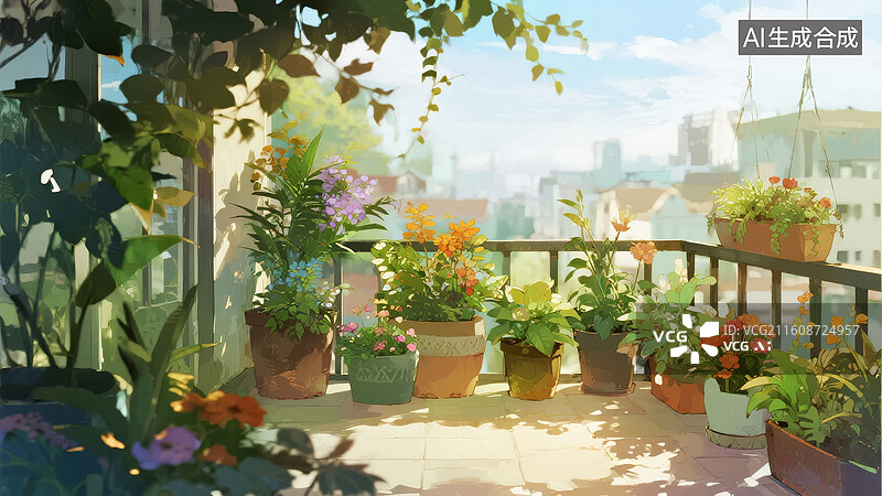 【AI数字艺术】阳光下的阳台花园图片素材