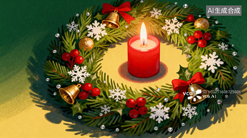 【AI数字艺术】圣诞花环与点燃的蜡烛图片素材