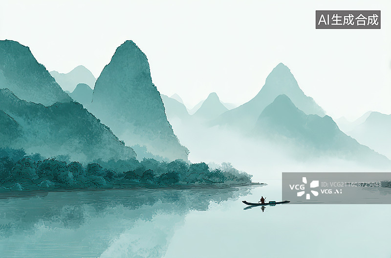 【AI数字艺术】山水间孤舟泛波图片素材