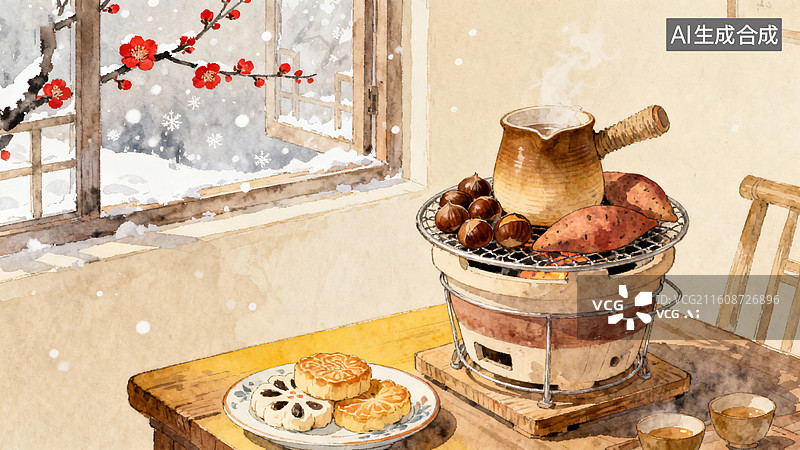 【AI数字艺术】冬日围炉煮茶插画图片素材