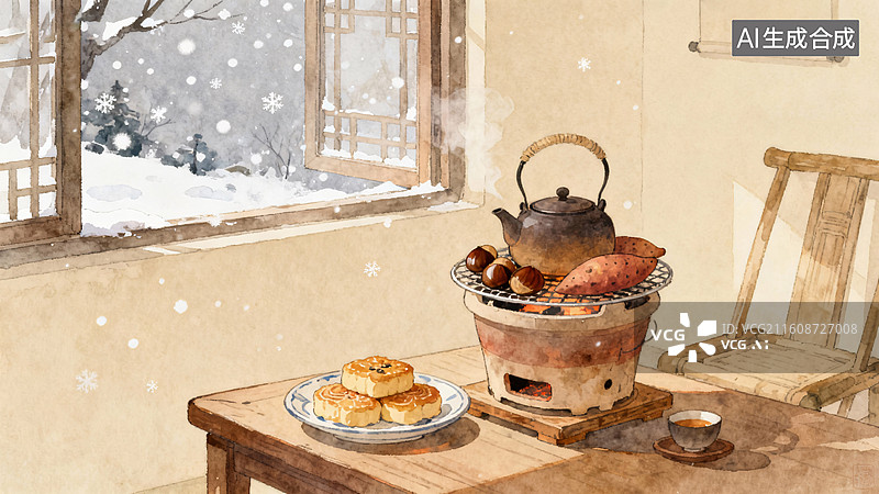【AI数字艺术】冬日围炉煮茶插画图片素材