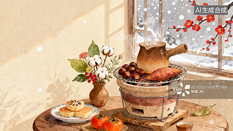 【AI数字艺术】冬日围炉煮茶插画图片素材
