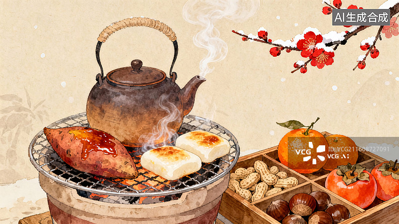 【AI数字艺术】冬日围炉煮茶插画图片素材
