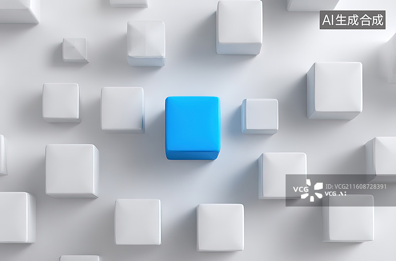 【AI数字艺术】蓝色立方体突出于白色方块阵列图片素材