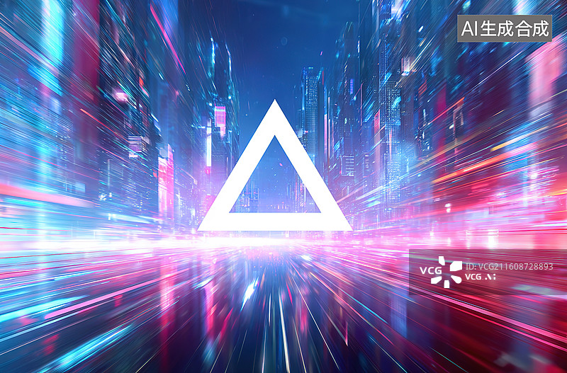 【AI数字艺术】霓虹城市中的发光三角形图片素材