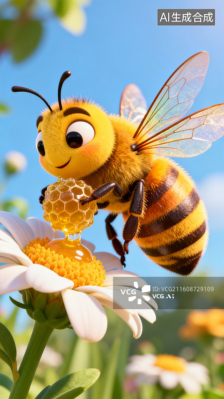 【AI数字艺术】可爱卡通蜜蜂采蜜图图片素材