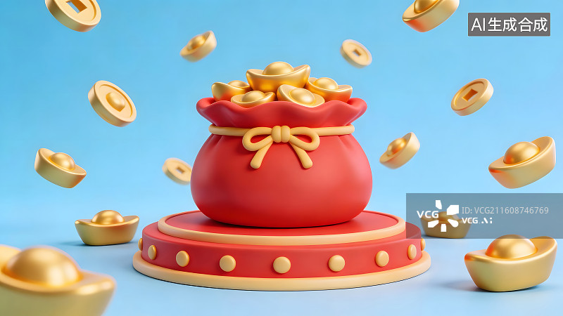 【AI数字艺术】福袋元宝舞台呈现可爱喜庆氛围图片素材