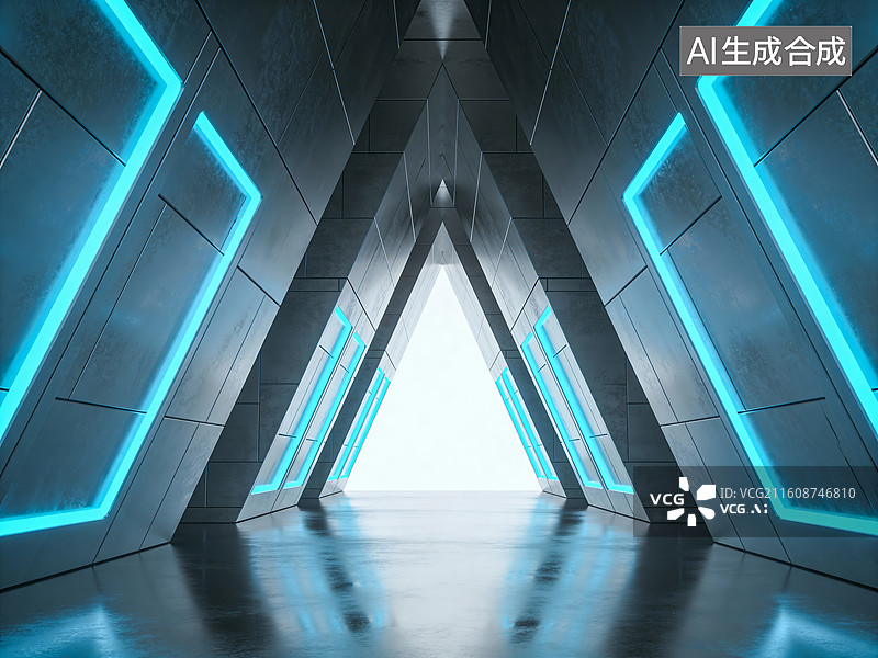 【AI数字艺术】未来科技蓝色发光走廊通道图片素材