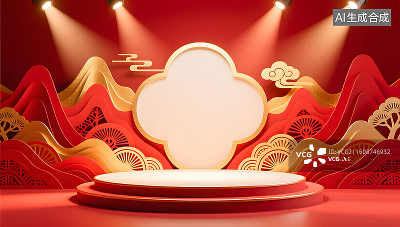 【AI数字艺术】新春舞台以层叠山峦展现浓厚节日气息图片素材