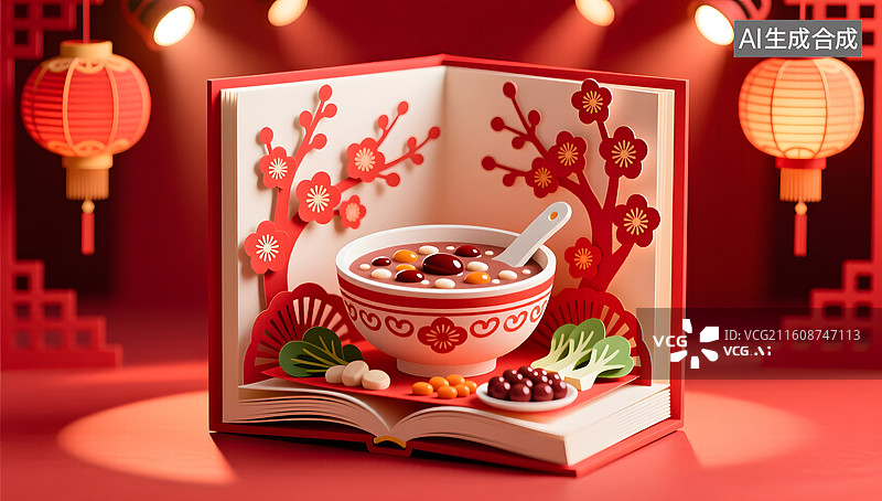 【AI数字艺术】腊八节立体书形式展现节庆粥与梅花意象图片素材