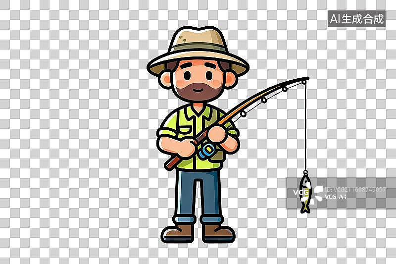 【AI数字艺术】卡通风格，手拿鱼杆，头戴遮阳帽的钓鱼爱好者PNG格式的免扣元素图片素材