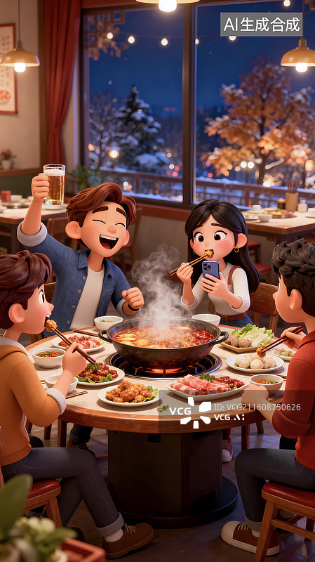 【AI数字艺术】家人团聚年夜饭跨年火锅聚餐聚会场景图片素材
