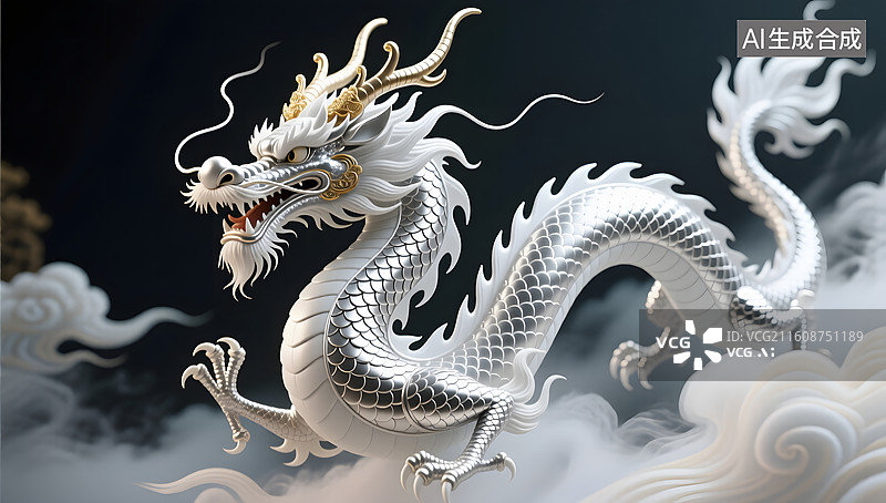 【AI数字艺术】白银色中国龙腾云飞舞插画图片素材