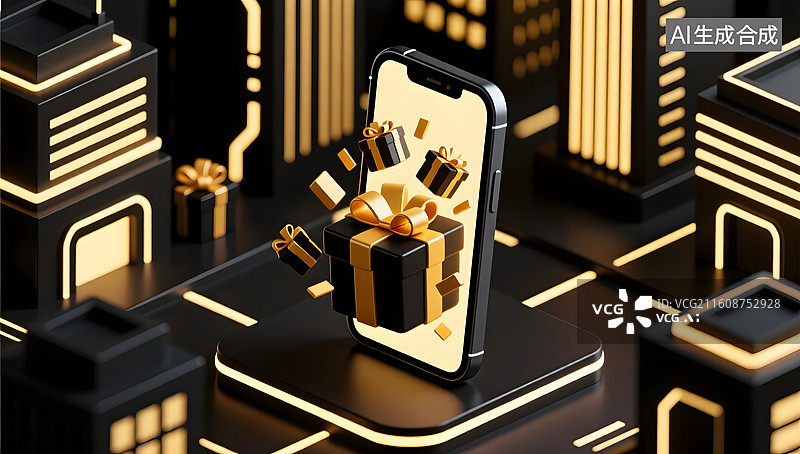【AI数字艺术】黑色星期五手机礼物从虚拟都市溢出图片素材