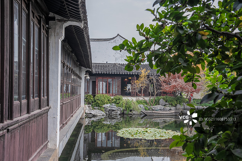 苏州园林 艺圃 秋天红叶 庭院深深 古建筑 江南意境 中式美学 世界文化遗产图片素材