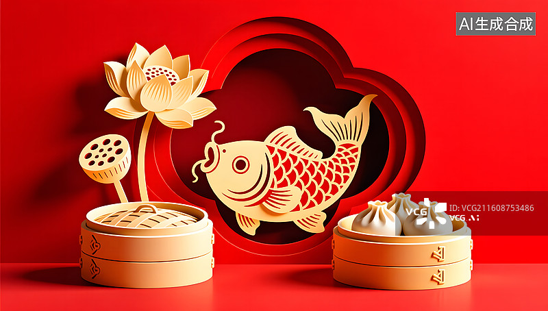 【AI数字艺术】新春纸艺美食组合呈现传统年味意象图片素材
