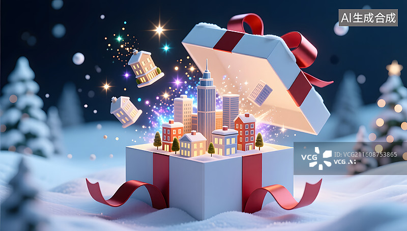【AI数字艺术】礼物盒里雪景城市梦幻惊喜图片素材
