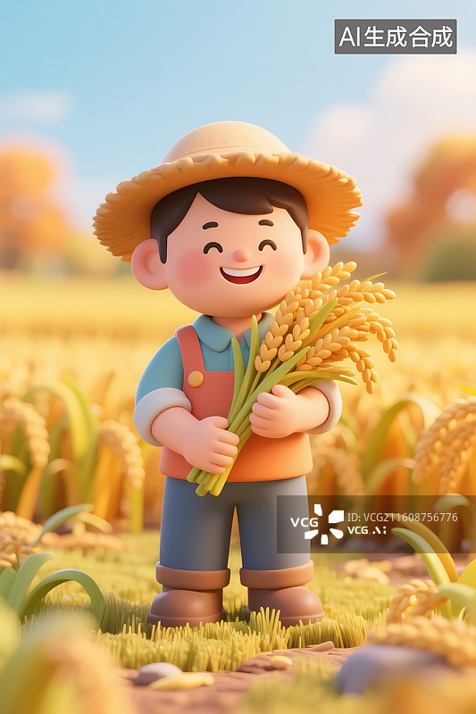 【AI数字艺术】3D三维立体C4D秋天农业农民丰收抱着麦穗稻穗麦子大麦小麦图片素材