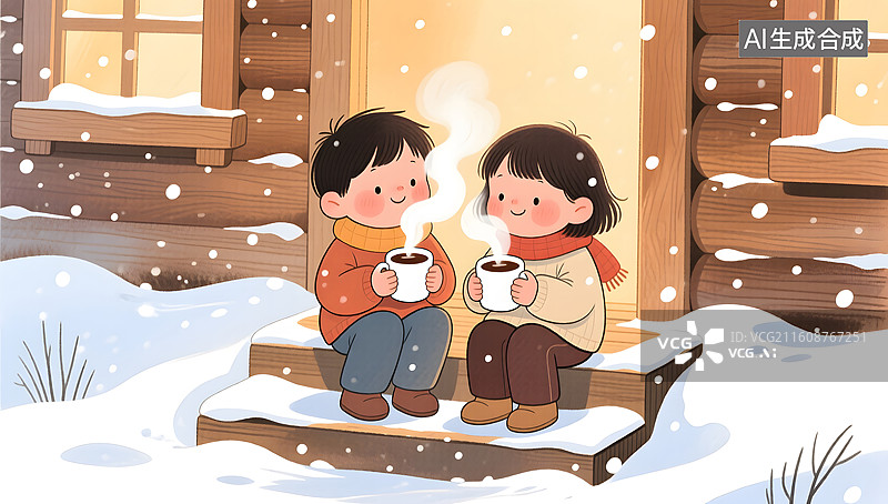 【AI数字艺术】两个小孩在木屋前分享温暖可可图片素材