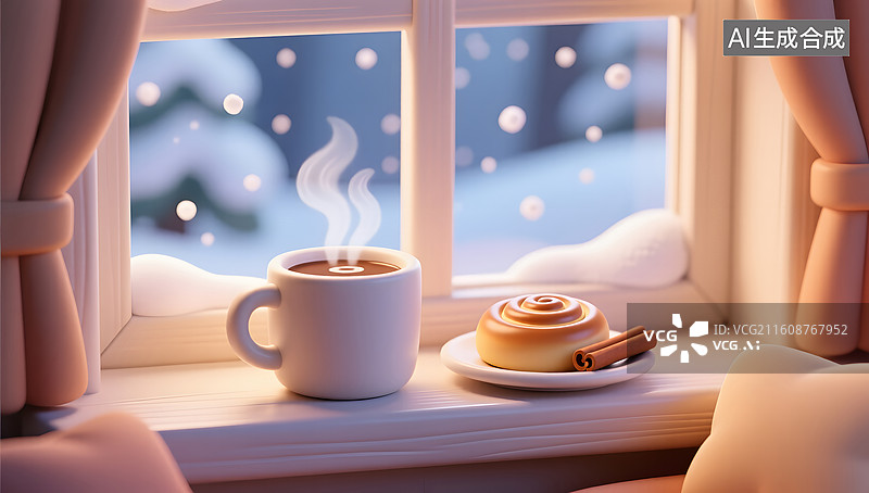 【AI数字艺术】冬日下午窗台热可可营造温暖氛围图片素材