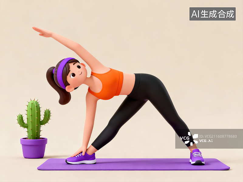 【AI数字艺术】女性在瑜伽垫上做侧伸展动作图片素材