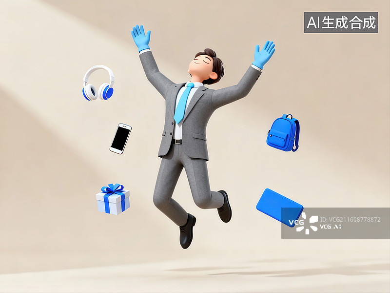 【AI数字艺术】商务人士跃起与物品漂浮图片素材