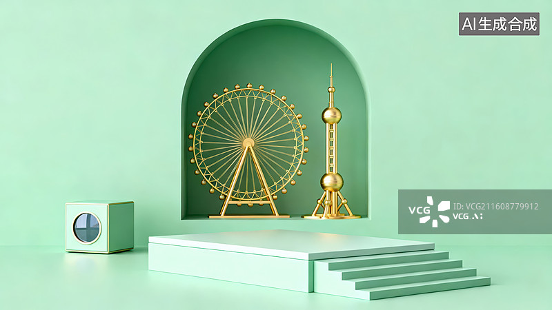 【AI数字艺术】绿色背景下的摩天轮与塔模型图片素材