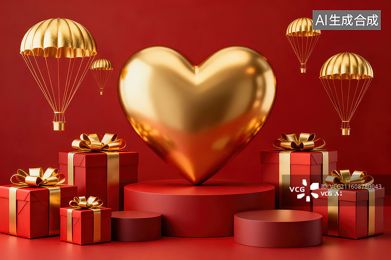 【AI数字艺术】金色爱心与礼物盒的节日场景图片素材