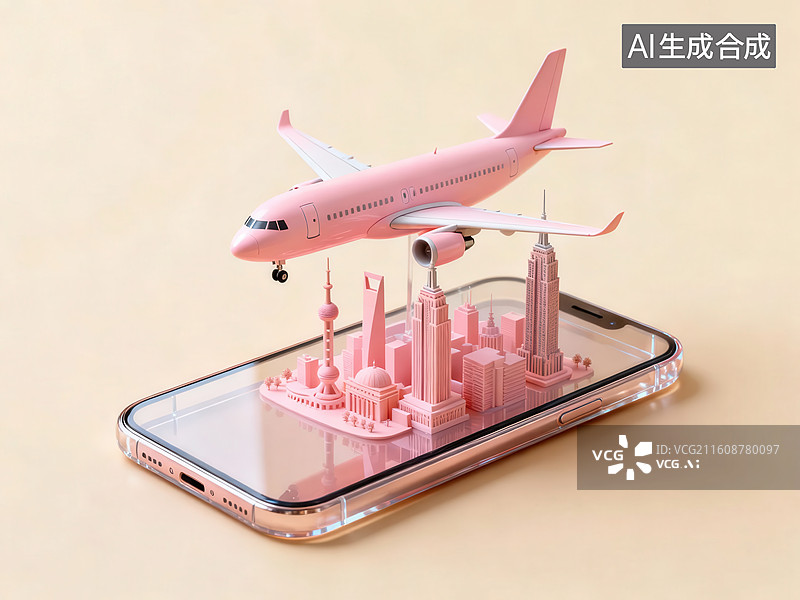 【AI数字艺术】粉色飞机模型置于手机上的城市景观图片素材