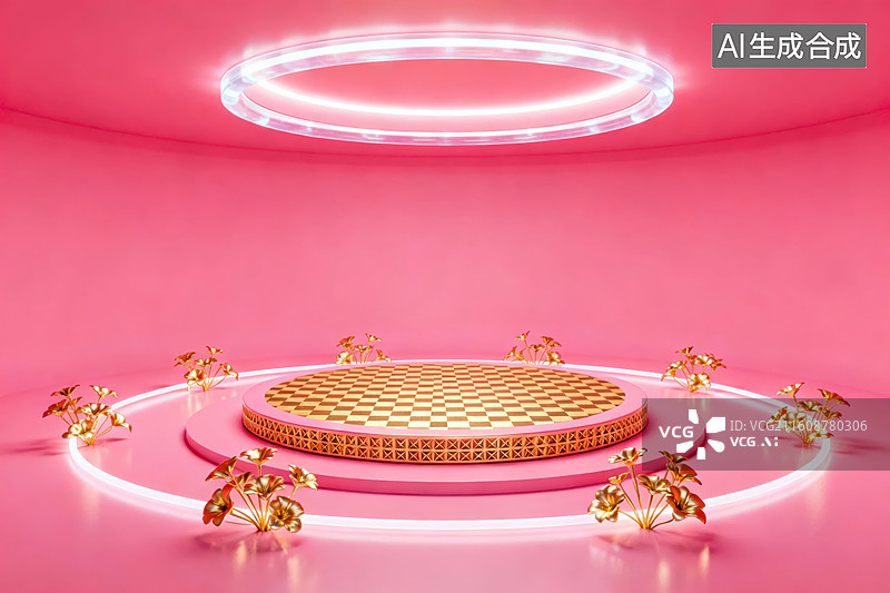 【AI数字艺术】粉色空间中的金色圆形平台图片素材
