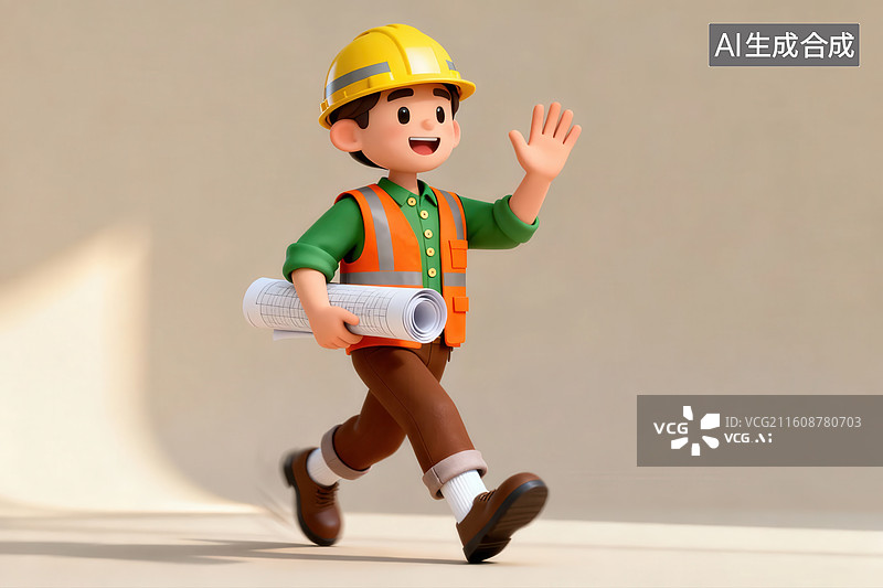 【AI数字艺术】工人手持图纸奔跑图片素材
