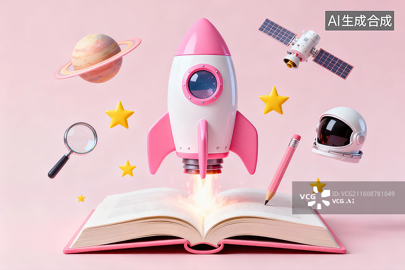 【AI数字艺术】书本上的火箭与太空元素图片素材
