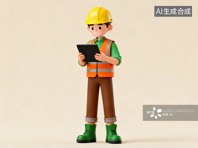 【AI数字艺术】工人手持平板电脑站立图片素材