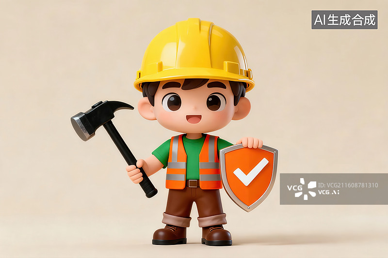 【AI数字艺术】卡通工人手持锤子和盾牌图片素材