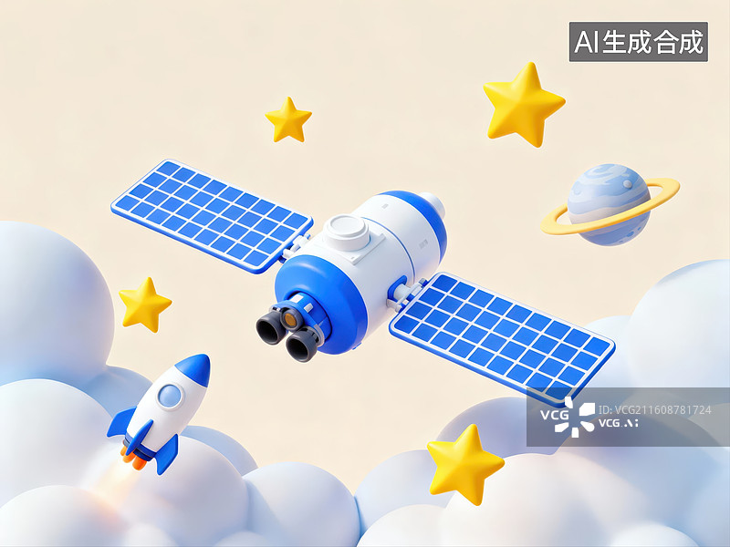 【AI数字艺术】太空飞船与火箭在云层间飞行图片素材