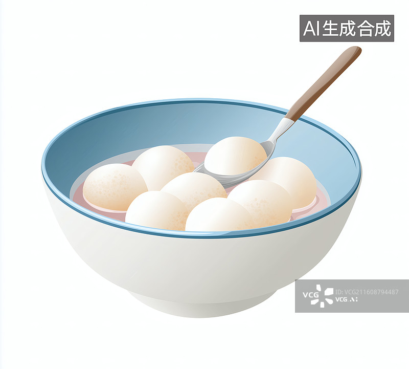 【AI数字艺术】一碗白色的甜品，配有勺子，静置于纯白色背景上图片素材